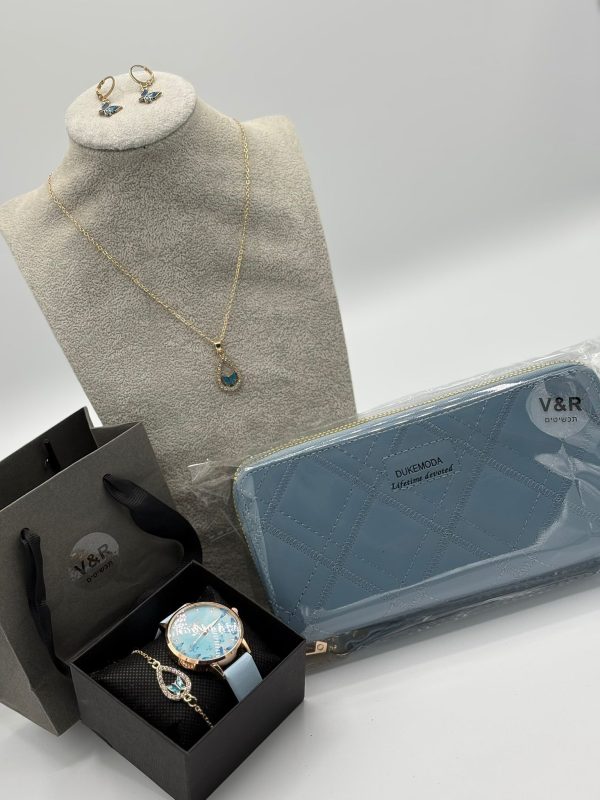 Elegant Gift Set: Jewelry, Watch, and Quilted Wallet.