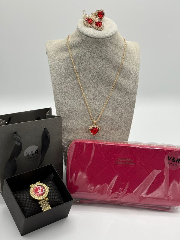 Romantic Red Gift Set: Jewelry, Watch, and Quilted Wallet.